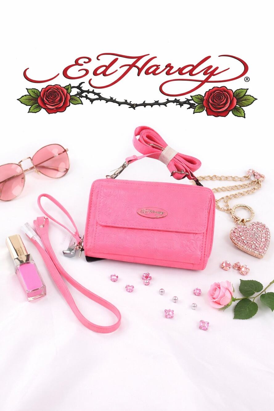 Ed Hardy Fuchsia Pink 3-in-1 Phone Wallet Crossbody